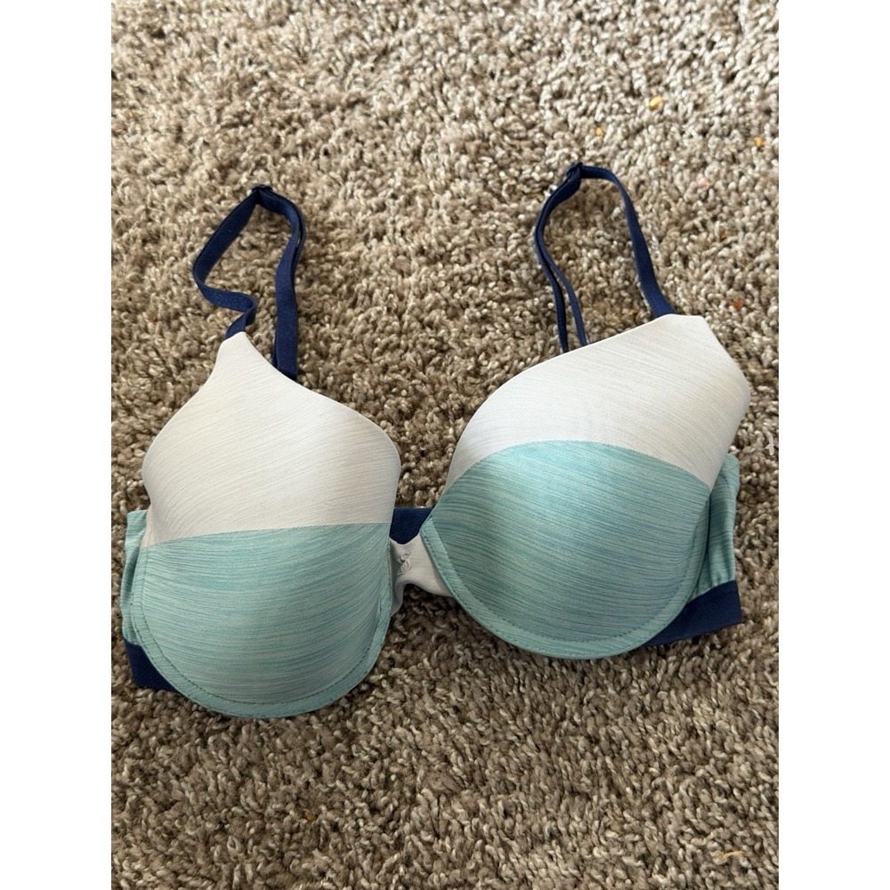 Victoria's Secret Perfect Shape Bra Size 32D Block Blue/White  Underwire A1-0062